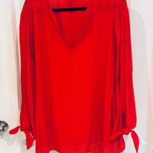 Michael Kors Red V-Neck Linen Blouse with Tie Sleeves